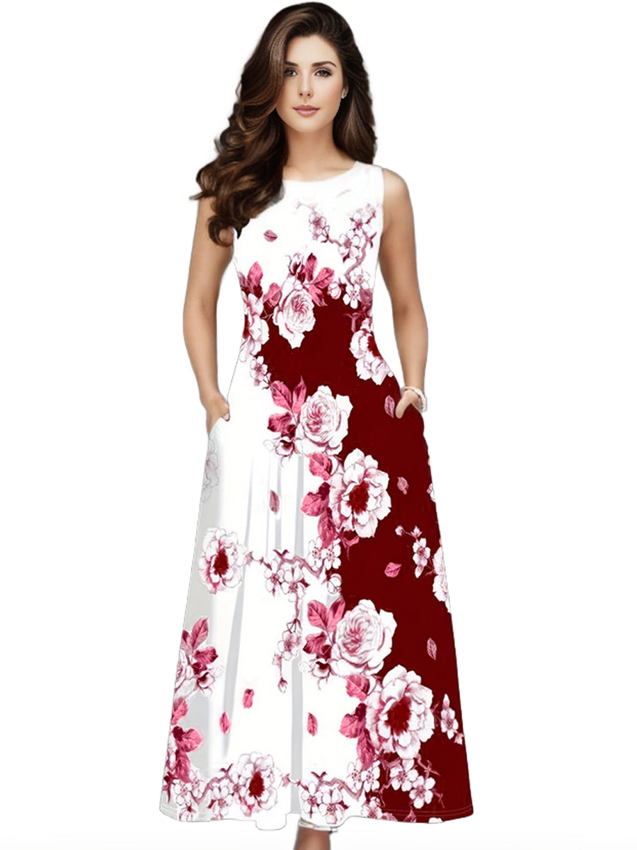 Plus Size Casual Tank Dress, Women's Plus Colorblock Floral Print Cut Out Round Neck Medium Stretch Maxi Tank Dress