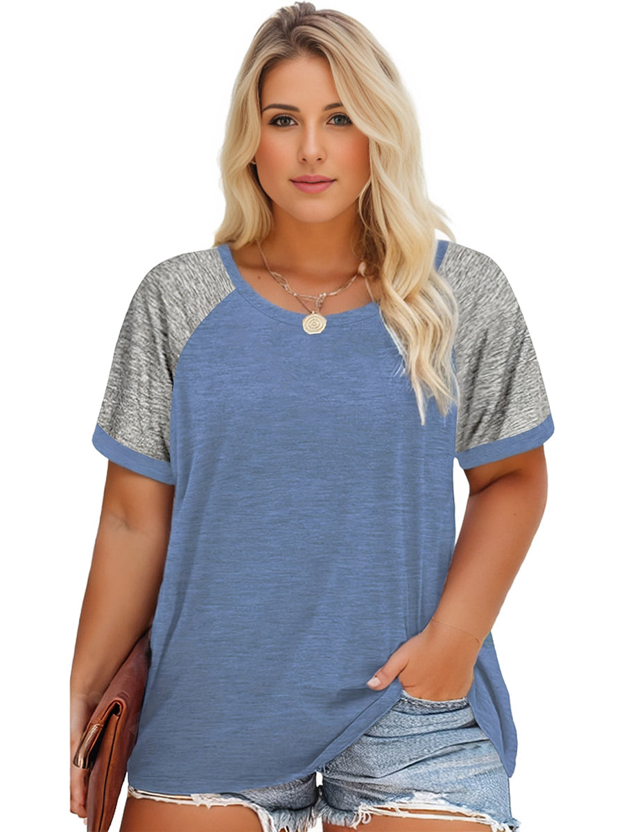 Plus Size Casual T-shirt, Women's Plus Colorblock Short Sleeve Round Neck Slight Stretch T-shirt