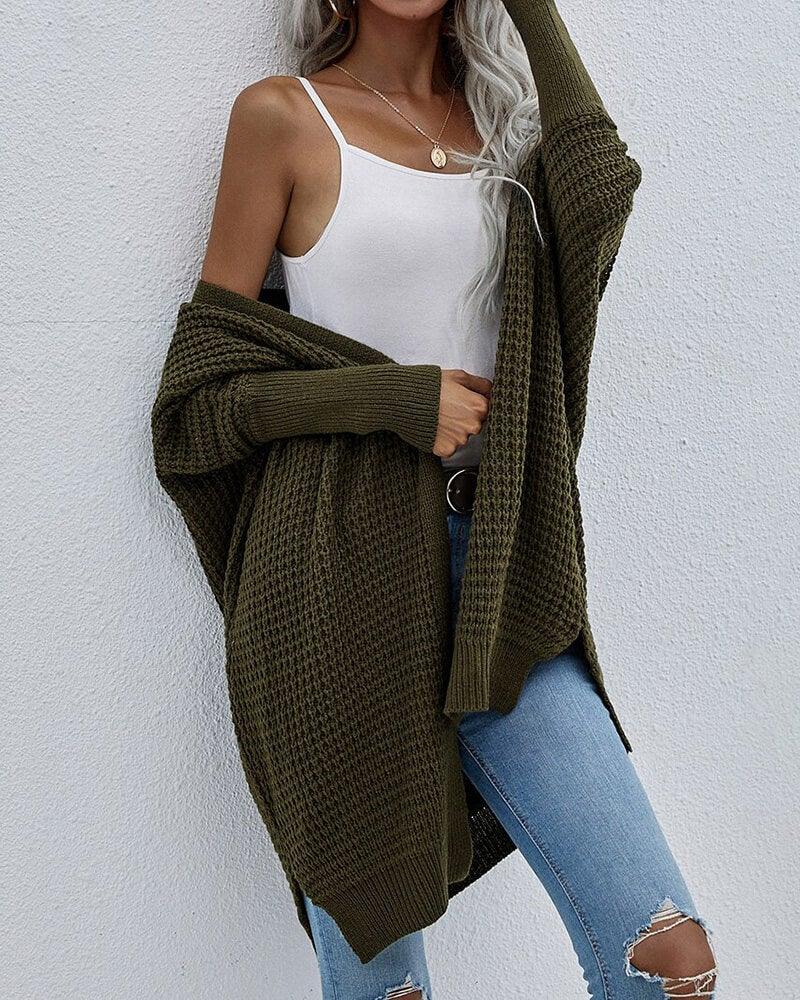 Batwing Sleeve Split Hem Open Front Cardigan