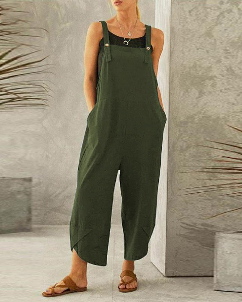 Button Pocket Playsuit Romper Women Strap Long Solid Casual Jumpsuits