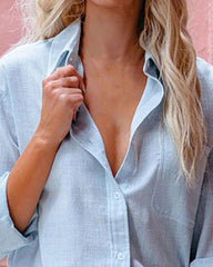 Button Down Shirt Plus Size Long Sleeve Blouse Plain T Shirt with Pocket