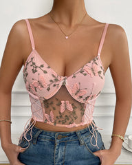 Butterfly Embroidered Side Tie Sling Crop Top