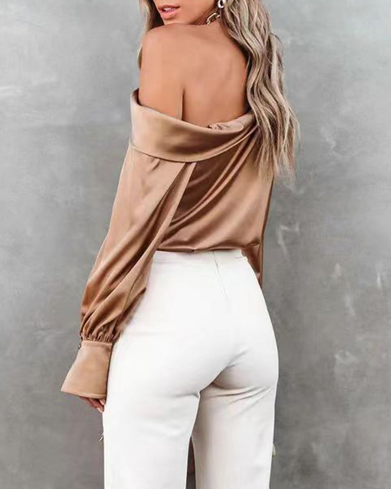 Asymmetrical Neck Ruched Satin Blouse