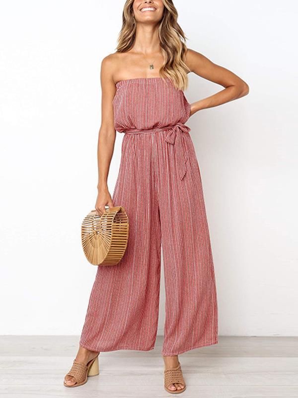Fashion Women Stripe Open Shoulder Long Jumpsuits