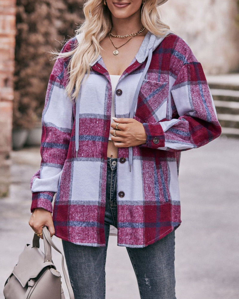 Casual Mid-length Plaid Shirt Hooded Jacket