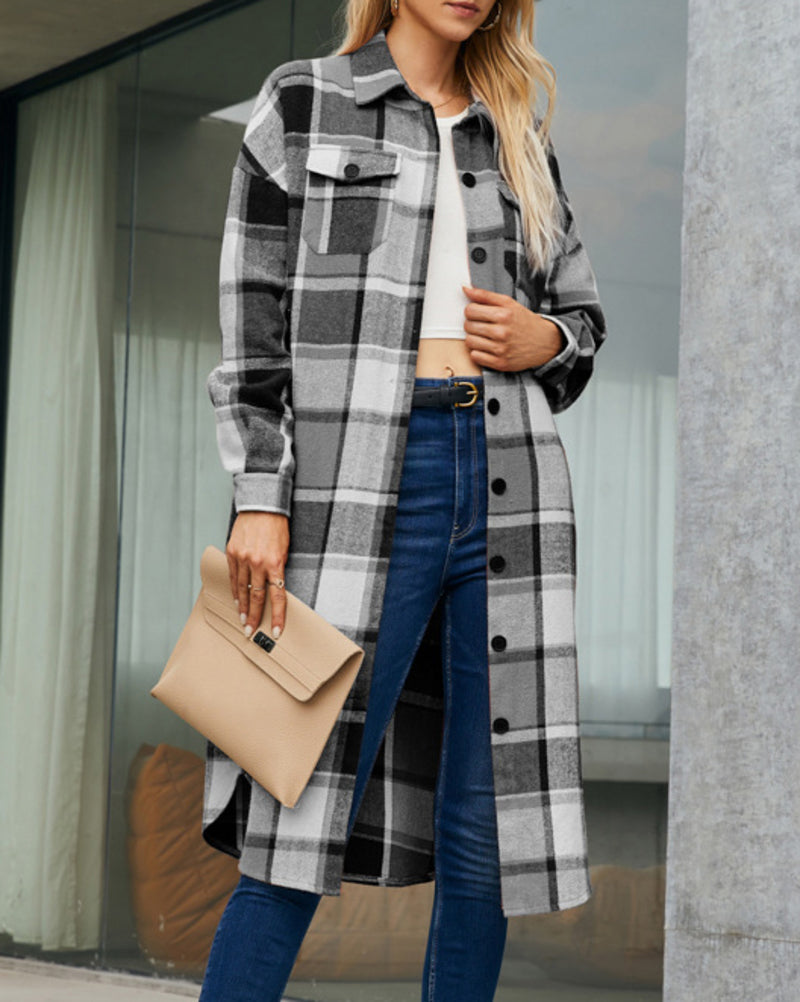 Button Down Plaid Classic Long Shirt Jacket