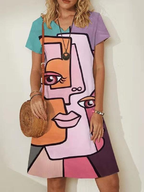 Fashion V-neck Printed Short Sleeve Abstract Dresses