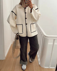 Buttoned Crew Neck Loose Color Block Knitted Jacket