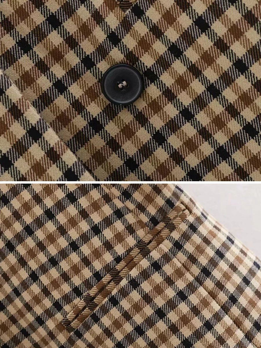 Fashion Vintage Grid Kahki Woman Blazer