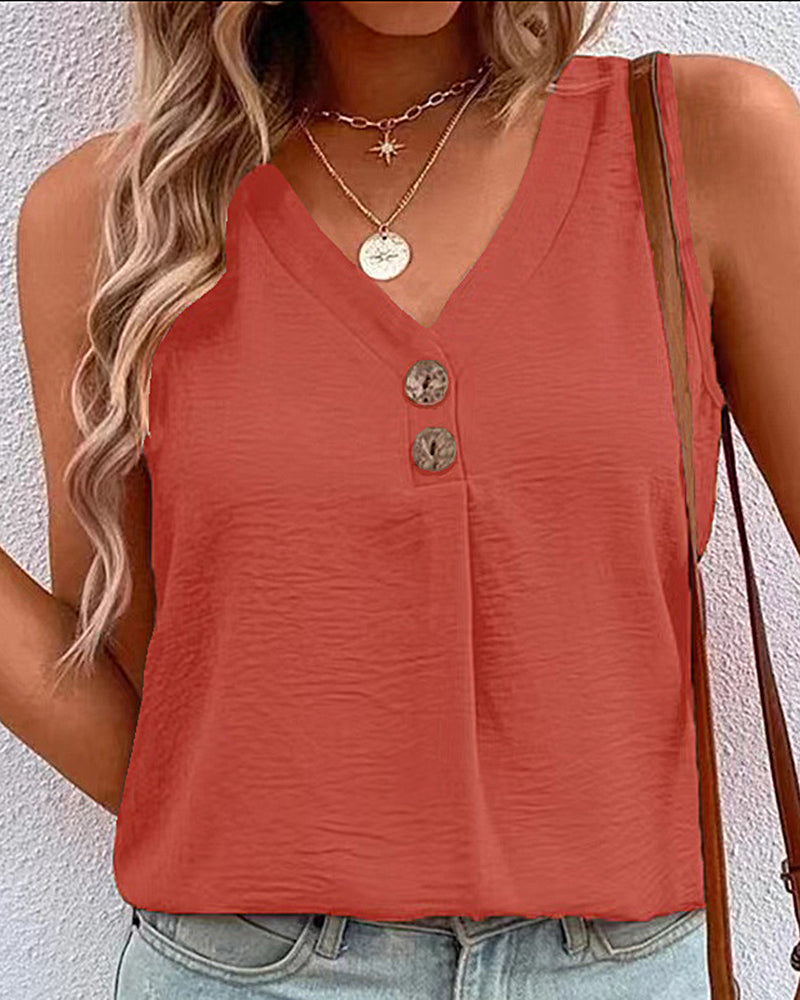 Button V Neck Sleeveless Solid Color Loose Fit Tunic Tank Top