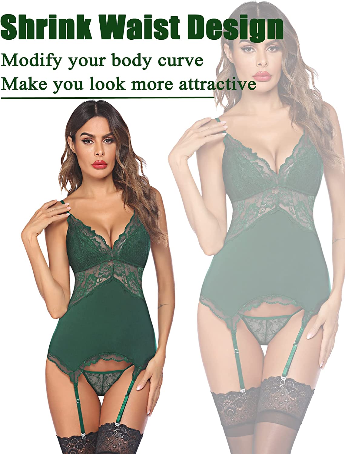 Avidlove Chemise Lingerie Set with Garter Belts Lace Babydoll Teddy Bodysuit One Piece Garter Lingerie Corset Set