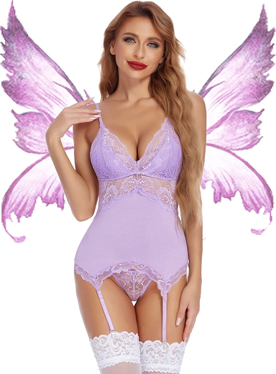 Avidlove Chemise Lingerie Set with Garter Belts Lace Babydoll Teddy Bodysuit One Piece Garter Lingerie Corset Set