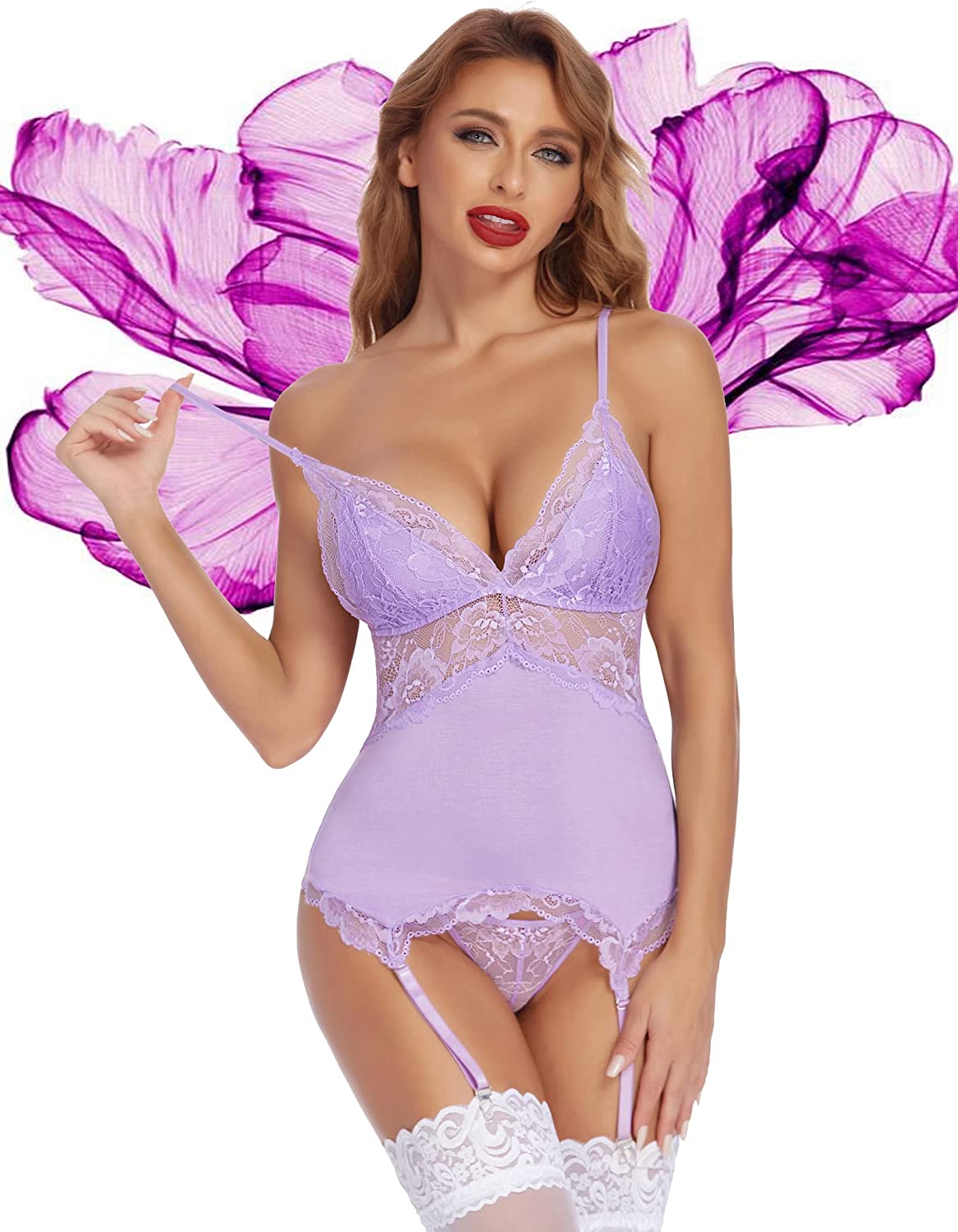 Avidlove Chemise Lingerie Set with Garter Belts Lace Babydoll Teddy Bodysuit One Piece Garter Lingerie Corset Set