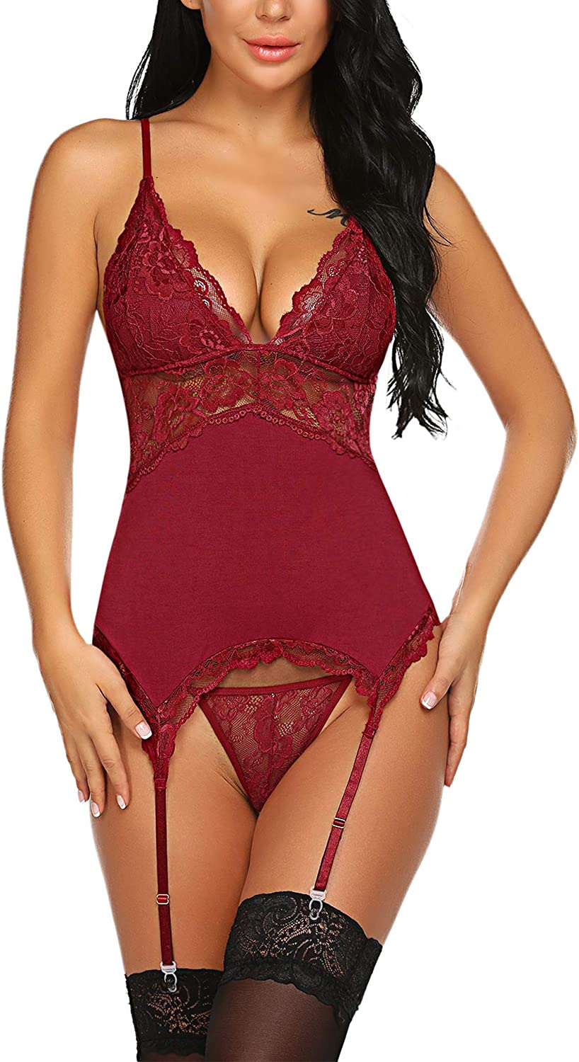 Avidlove Chemise Lingerie Set with Garter Belts Lace Babydoll Teddy Bodysuit One Piece Garter Lingerie Corset Set