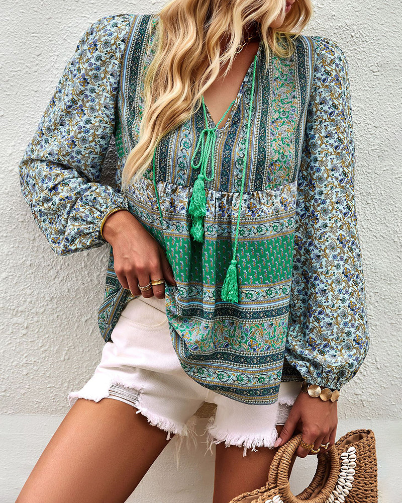 Casual Boho V Neck Top Loose Floral Print Long Sleeve Beach Shirt