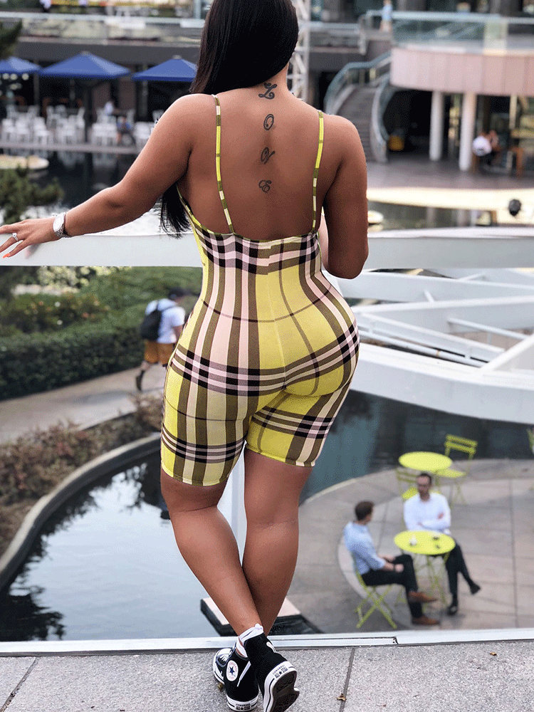 Plaid Spaghetti Strap Short Pants Jumpsuit