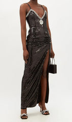 SEQUIN CRYSTAL V NECK MAXI DRESS IN BLACK