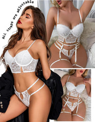 Avidlove Garter Lingerie for Women, Lace Lingerie with Underwire, Matching 4 Piece Push Up Lingerie Set