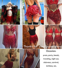 Avidlove Sequin Tassel Skirt Belly Dance Belt Dance Performance Skirt Party Rave Skirt for Women