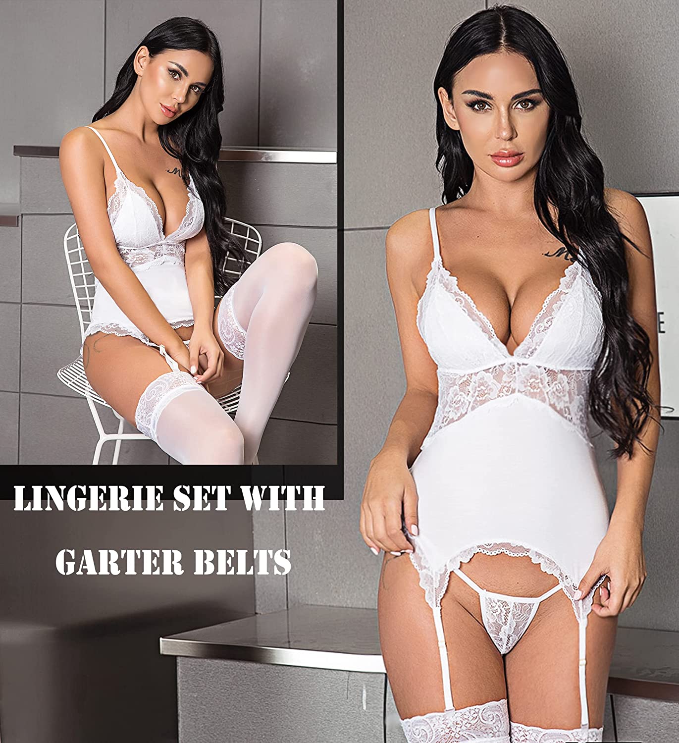 Avidlove Chemise Lingerie Set with Garter Belts Lace Babydoll Teddy Bodysuit One Piece Garter Lingerie Corset Set