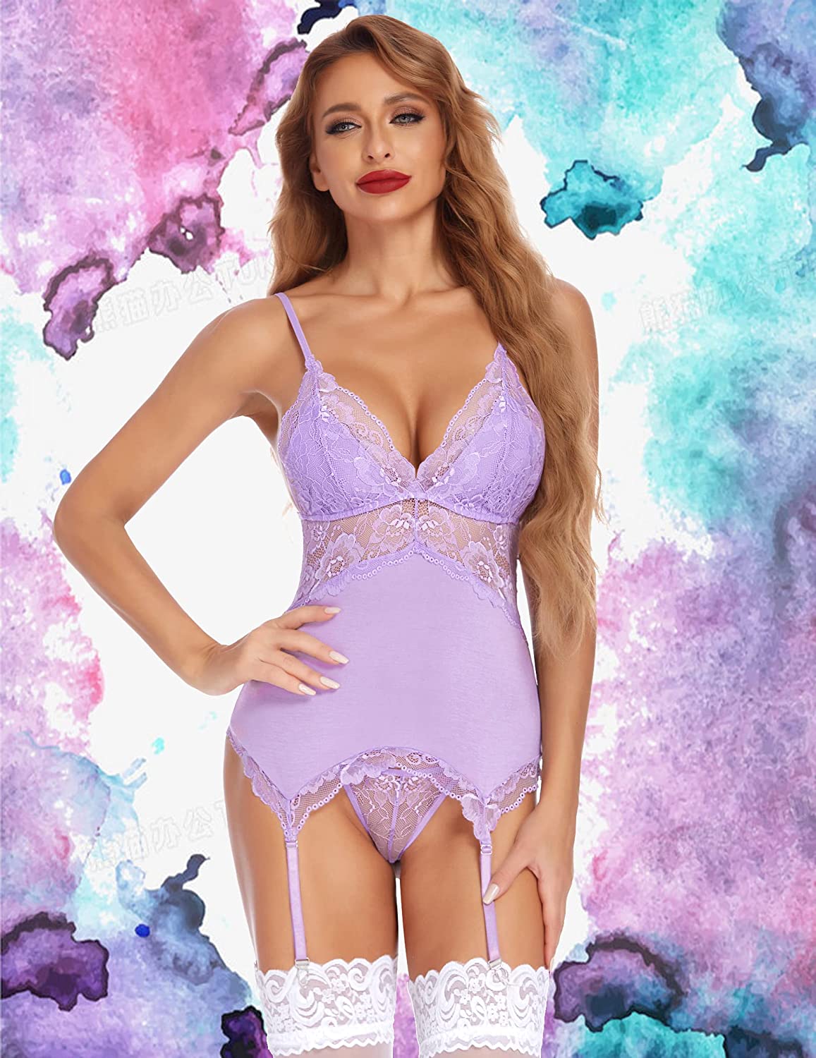 Avidlove Chemise Lingerie Set with Garter Belts Lace Babydoll Teddy Bodysuit One Piece Garter Lingerie Corset Set
