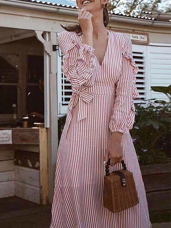 Fashion V-neck stripe waisted long maxi dresses