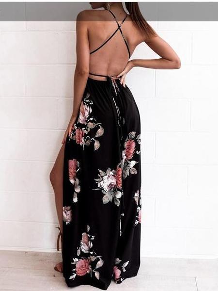 Fashion V neck Vest Backless Maxi Dresses