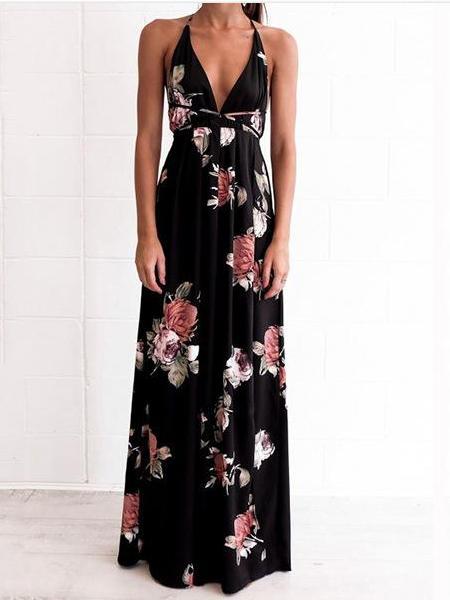 Fashion V neck Vest Backless Maxi Dresses