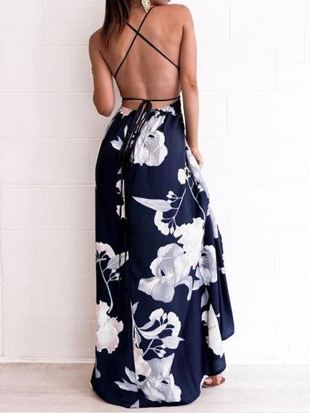 Fashion V neck Vest Backless Maxi Dresses