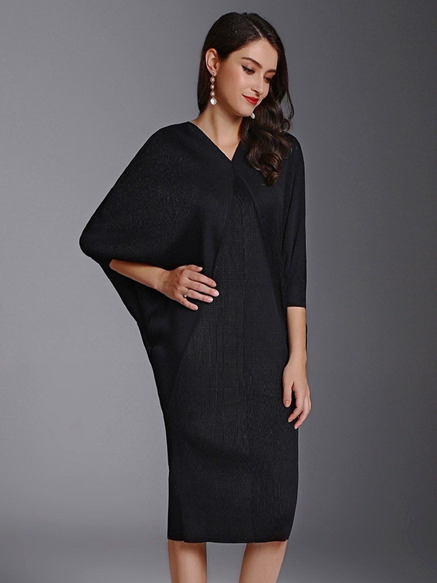 Fashion Pleated Bat Sleeve Loose Midi Dress