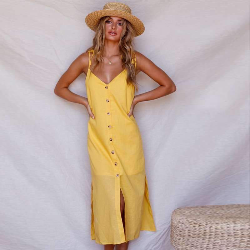 Fashion V neck Single breasted Vent Maxi Dresses