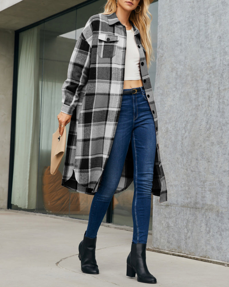 Button Down Plaid Classic Long Shirt Jacket