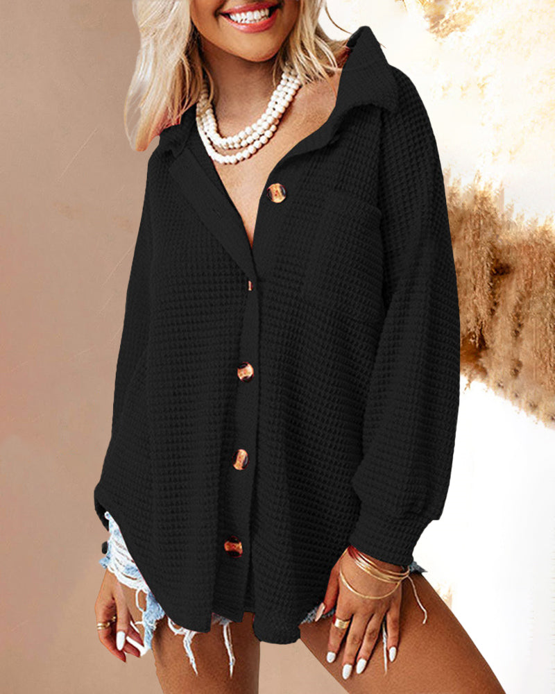 Casual Long Sleeve Top Solid Color Lapel Loose Mid Length Shirt Jacket