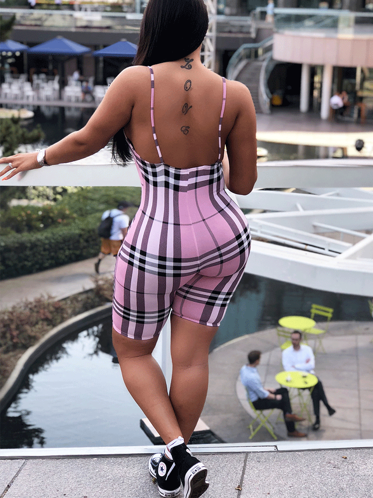 Plaid Spaghetti Strap Short Pants Jumpsuit