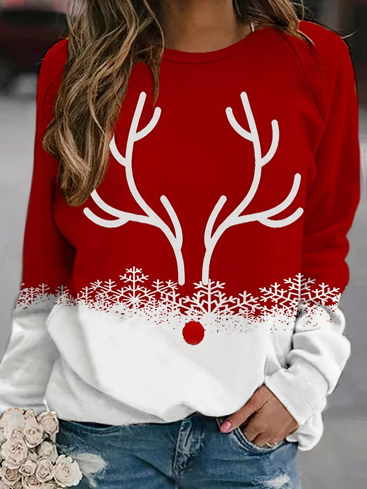 Plus Size Christmas Casual Sweatshirt, Women's Plus Snowflake & Antler Print Long Sleeve Round Neck Medium Stretch Pullover Top