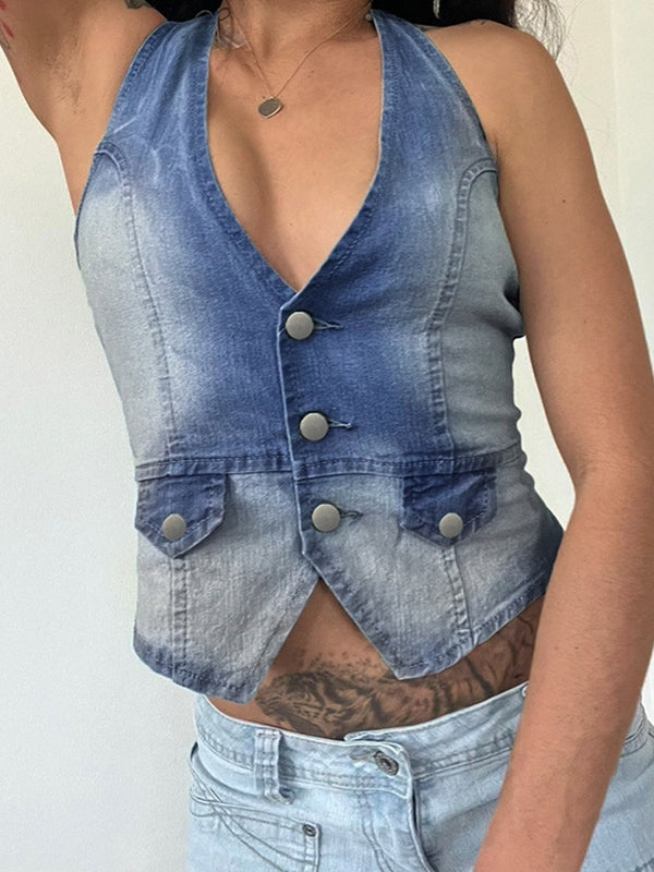 Button Front Denim Corset Top