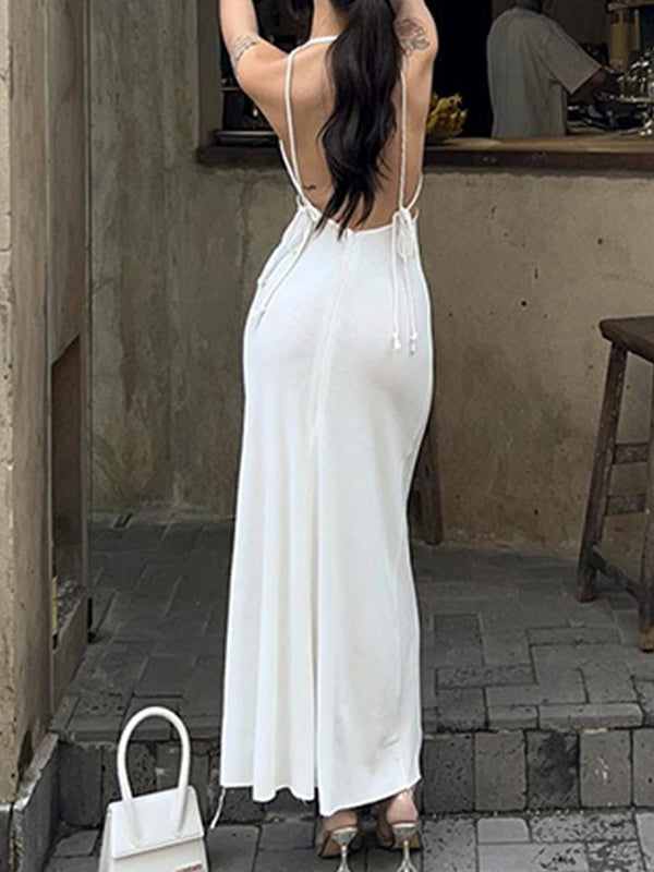 White Halter Ribbed Bodycon Maxi Dress