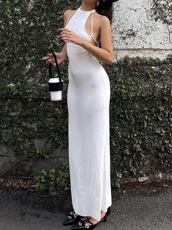 White Halter Ribbed Bodycon Maxi Dress