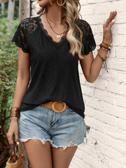 V-Neck Stitching Lace Loose Short-Sleeved T-Shirt