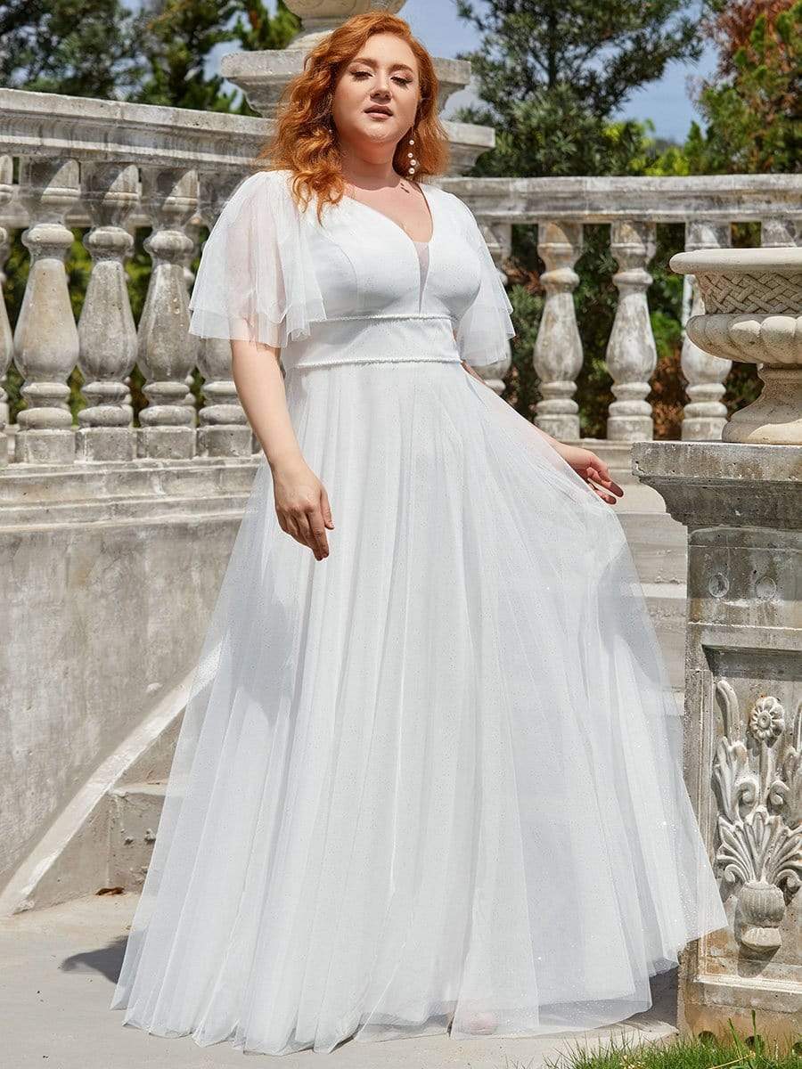 Plus Size V Neck Tulle Formal Evening Dress with Ruffle Sleeves