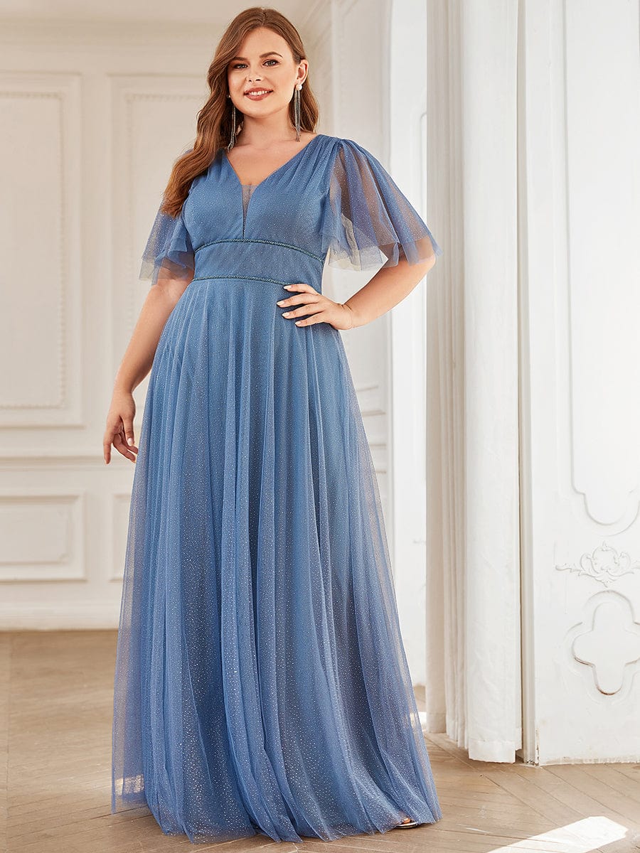 Plus Size V Neck Tulle Formal Evening Dress with Ruffle Sleeves