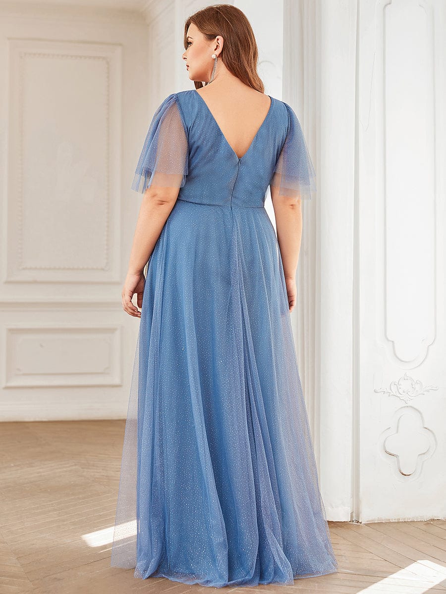 Plus Size V Neck Tulle Formal Evening Dress with Ruffle Sleeves