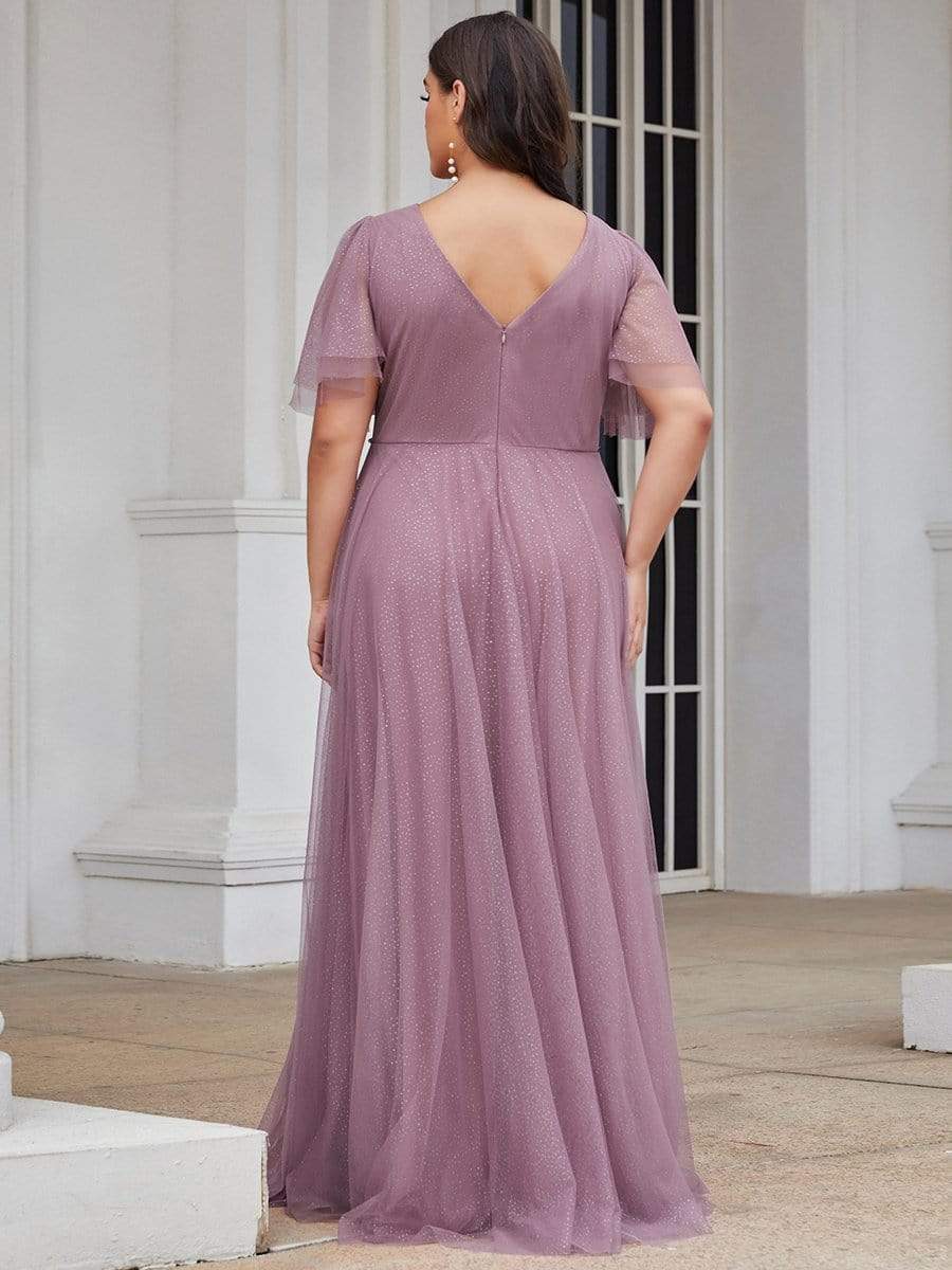 Plus Size V Neck Tulle Formal Evening Dress with Ruffle Sleeves