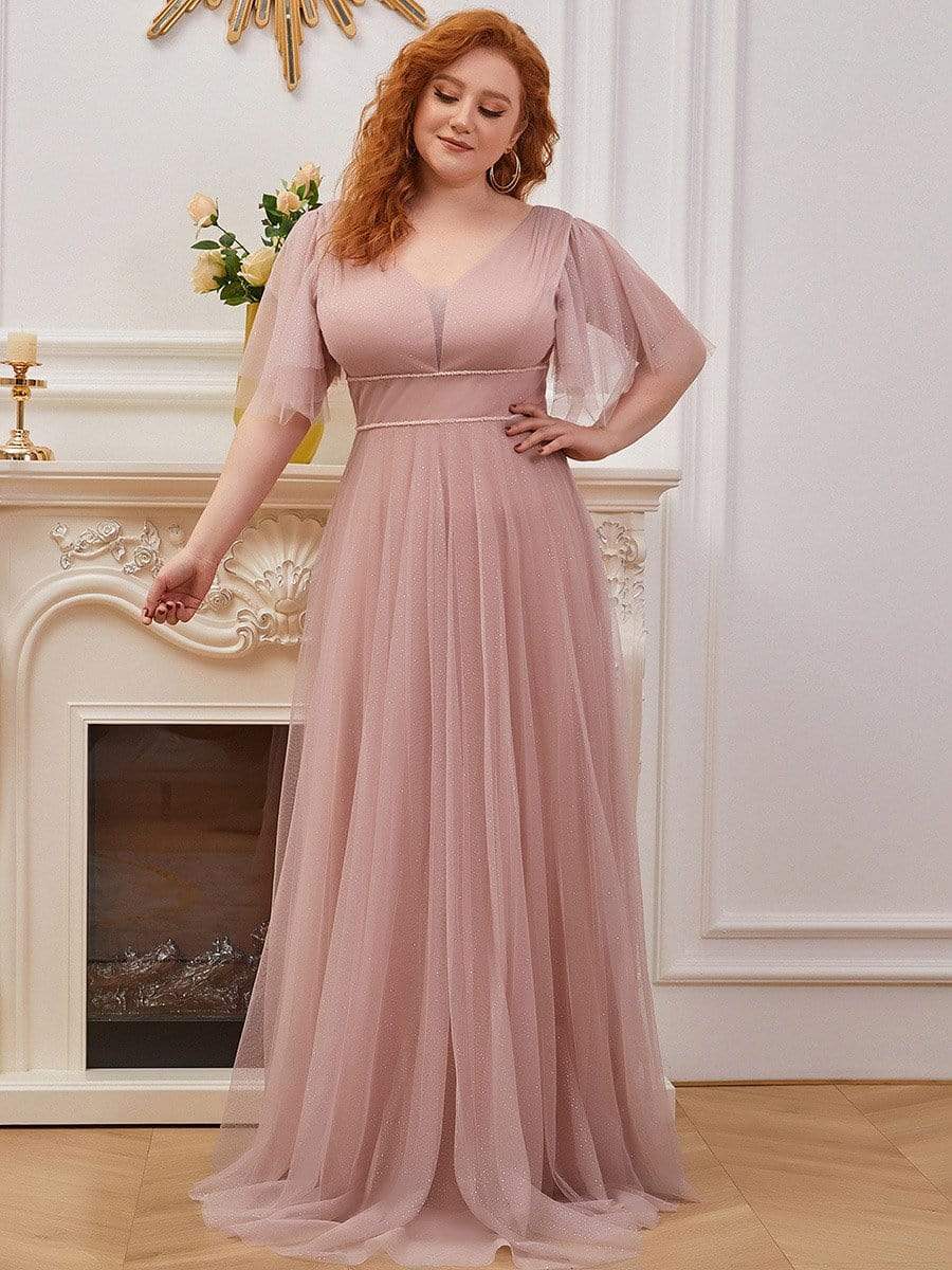 Plus Size V Neck Tulle Formal Evening Dress with Ruffle Sleeves