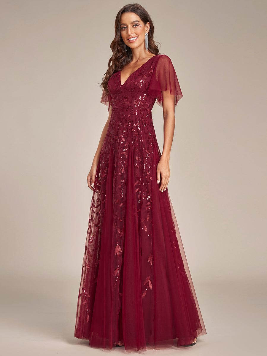 Shimmery V Neck Ruffle Sleeves Sequin Maxi Long Evening Dress – Toadds