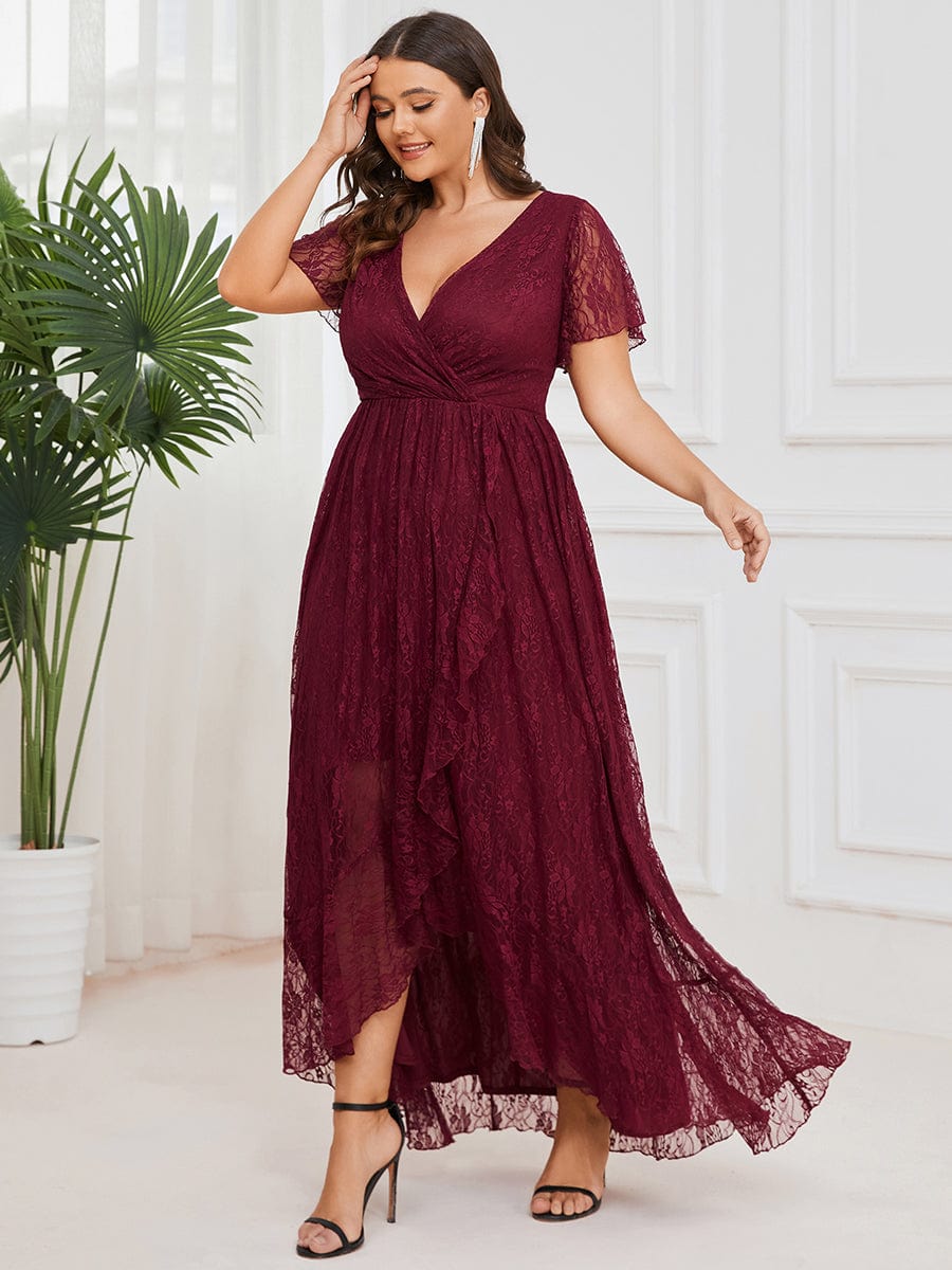 Plus Size Short Sleeve Ruffled V-Neck A-Line Lace Evening Dress