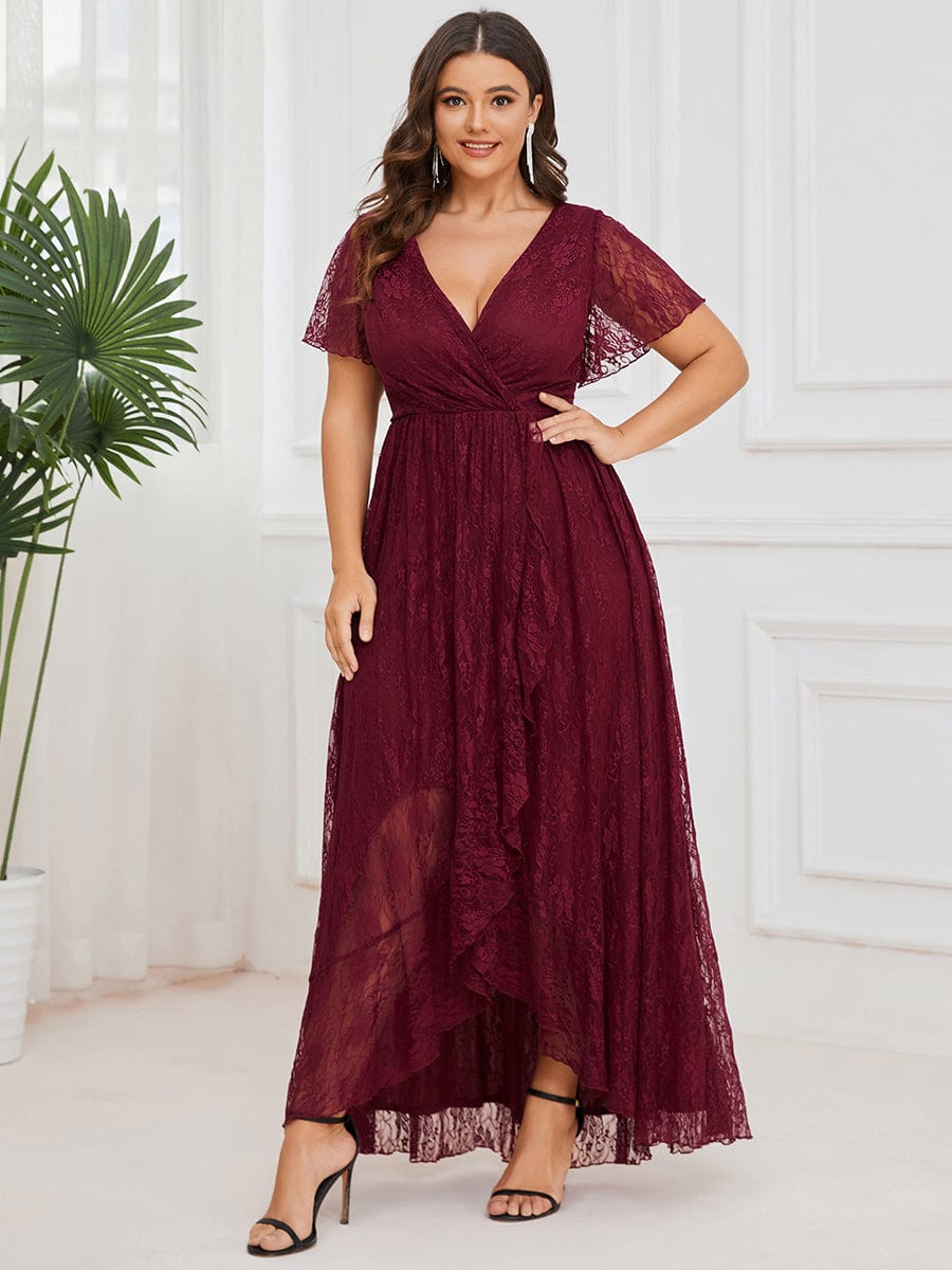 Plus Size Short Sleeve Ruffled V-Neck A-Line Lace Evening Dress