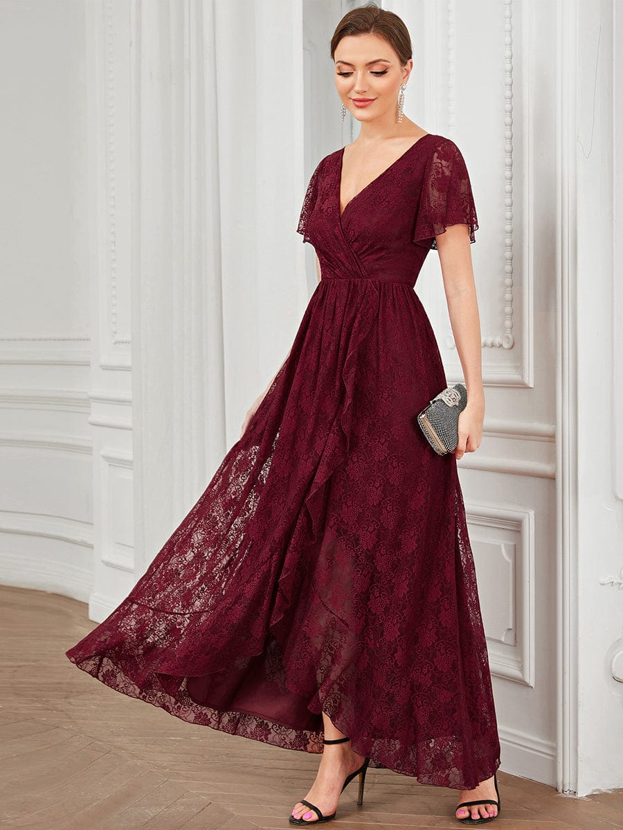 Pleated V-Neck Short Sleeve Ruffled Lace Evening Dress