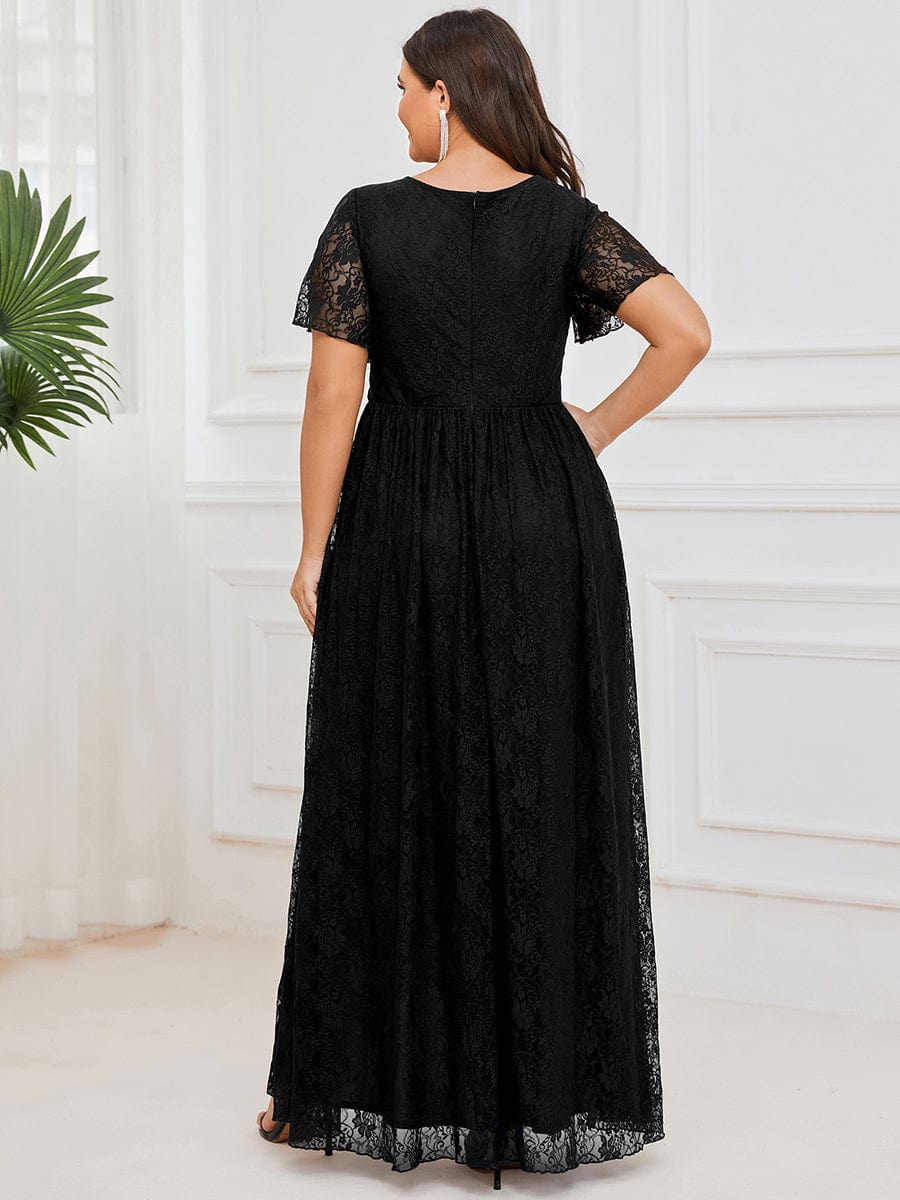 Pleated V-Neck Short Sleeve Ruffled Lace Evening Dress