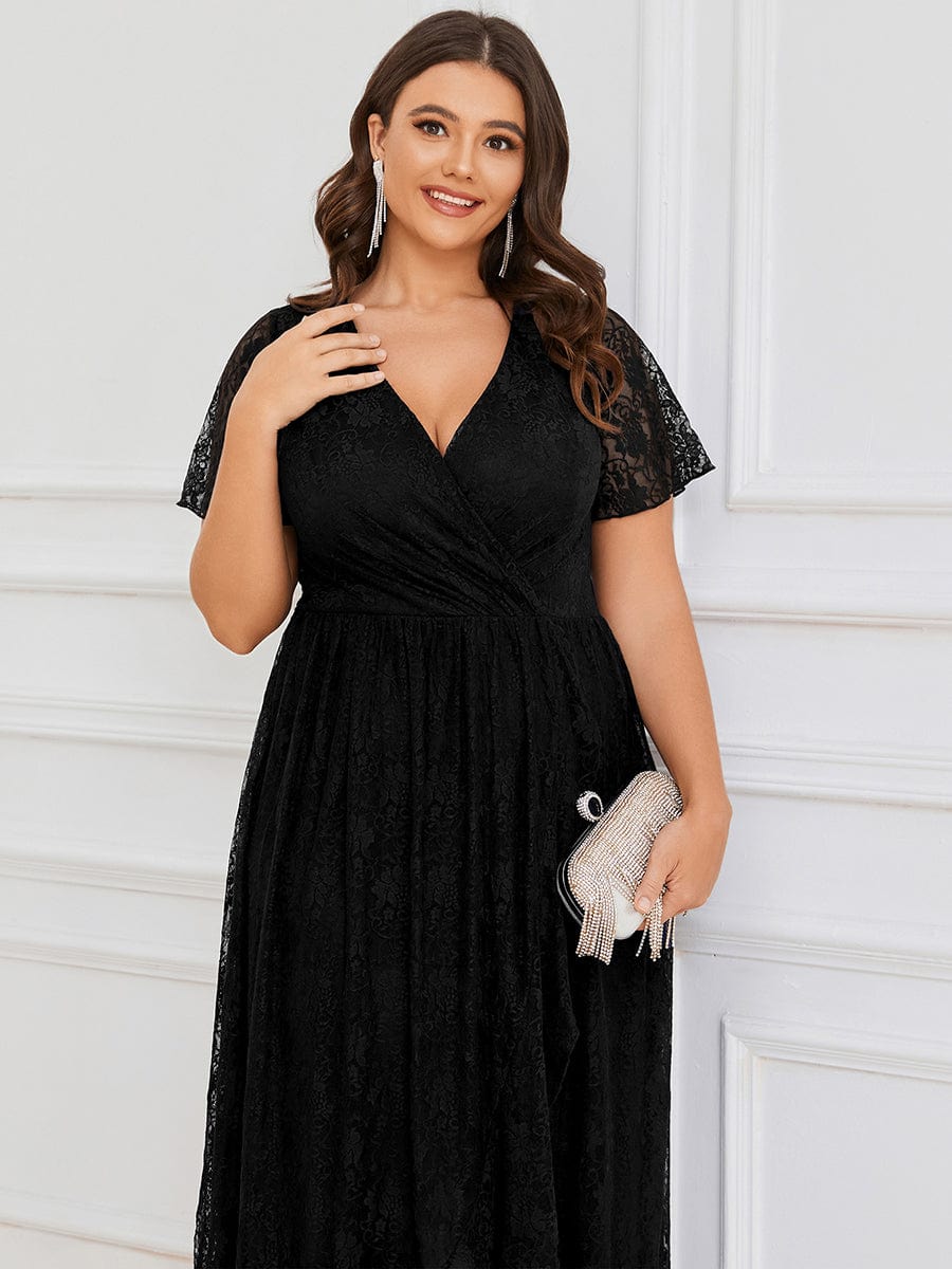 Pleated V-Neck Short Sleeve Ruffled Lace Evening Dress